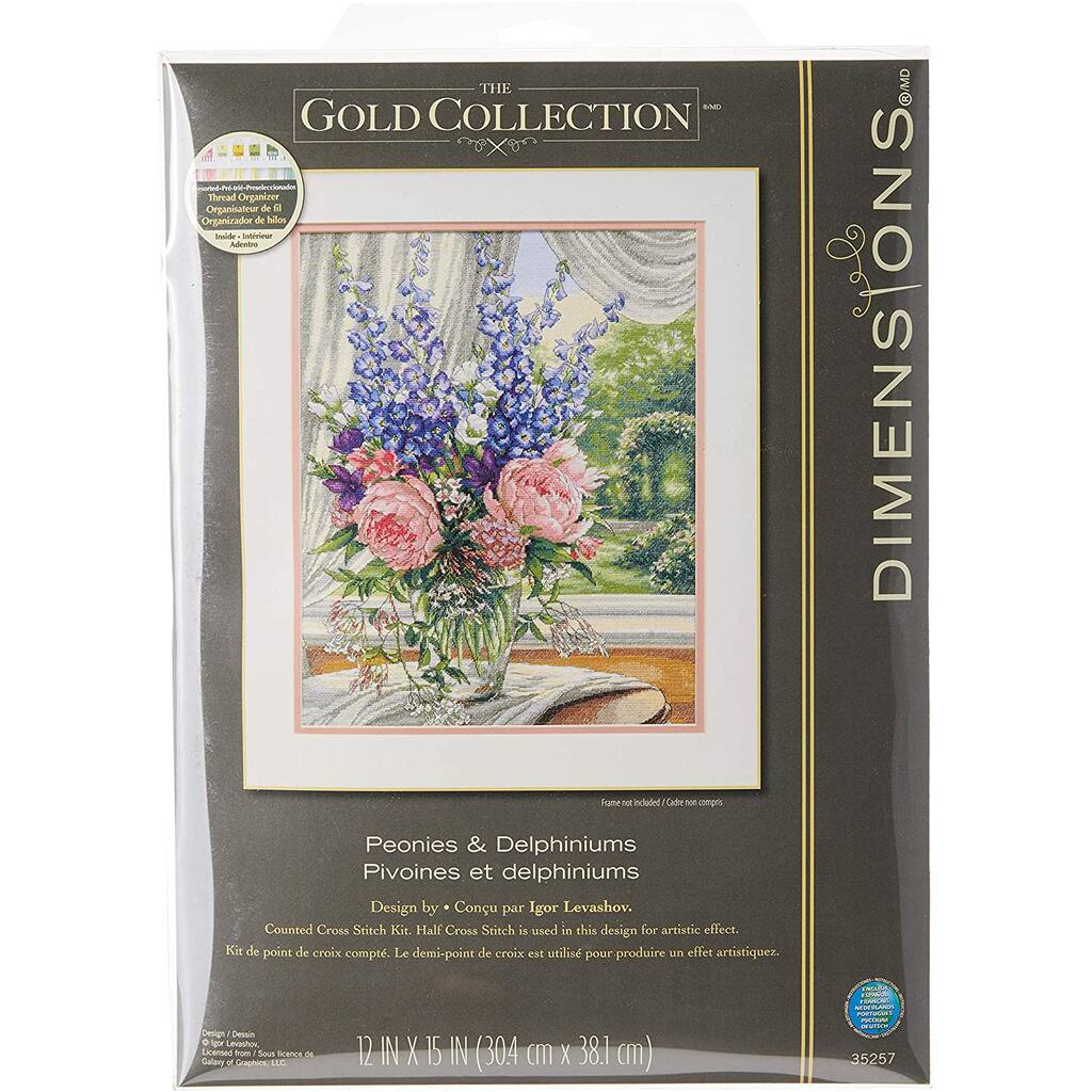 Counted Cross Stitch Kit PEONIES & DELPHINIUMS Dimensions Gold Collection 